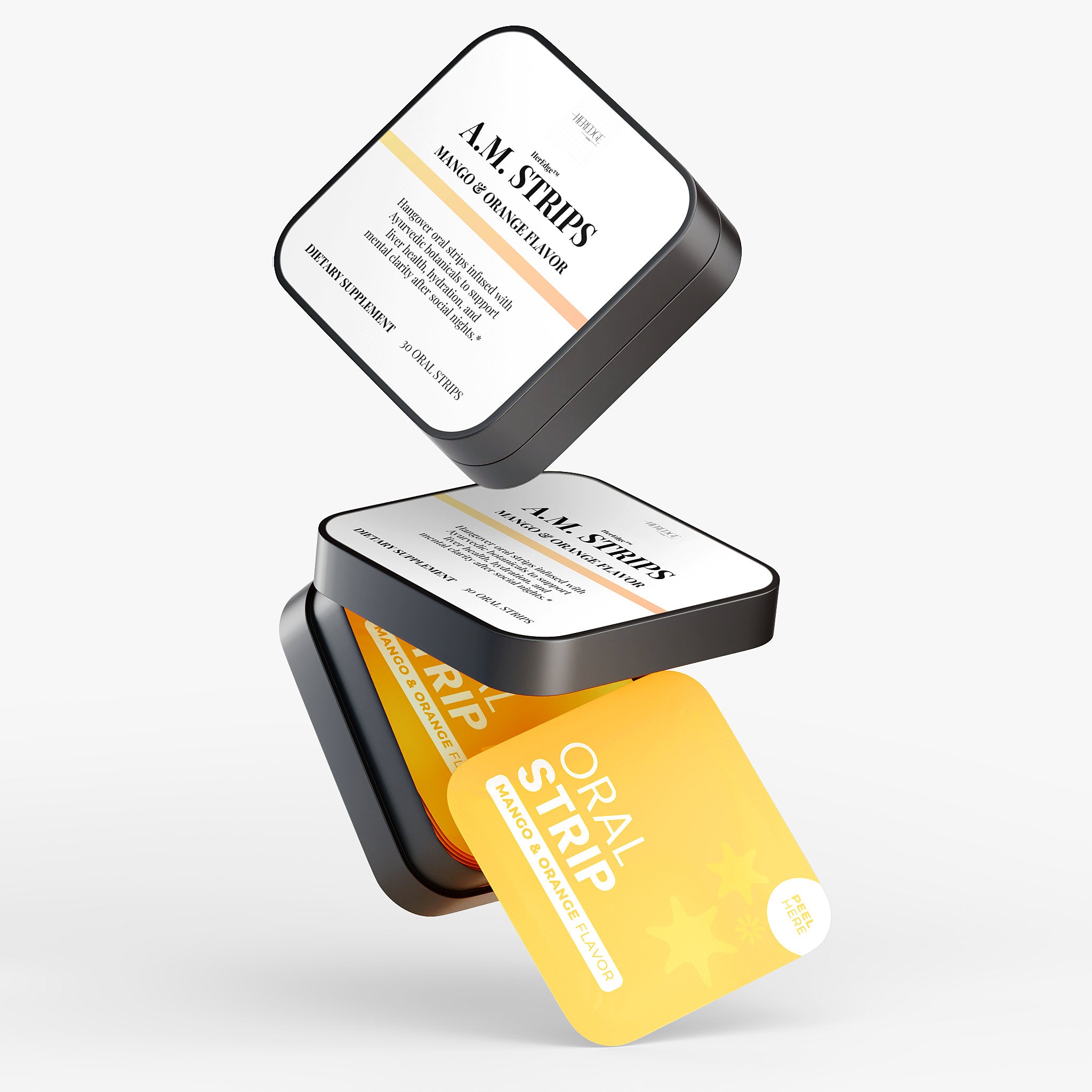 A.M. STRIPS oral strip packaging on a white background