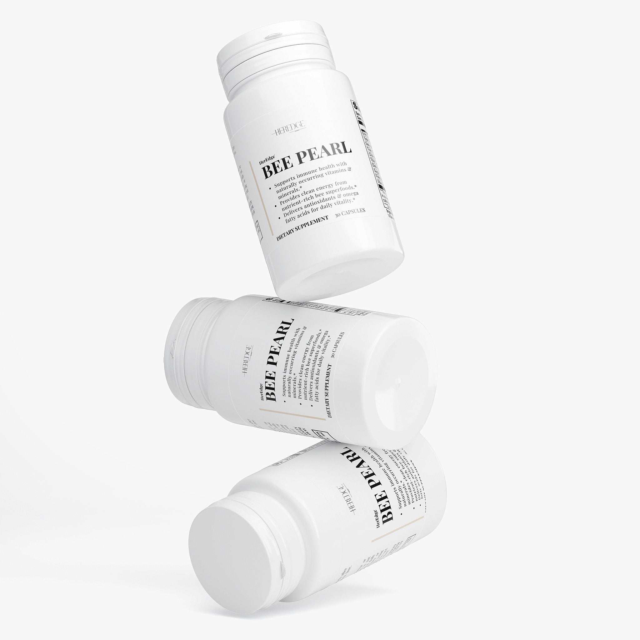 Three white bottles labeled 'Bee Pearl' on a white background