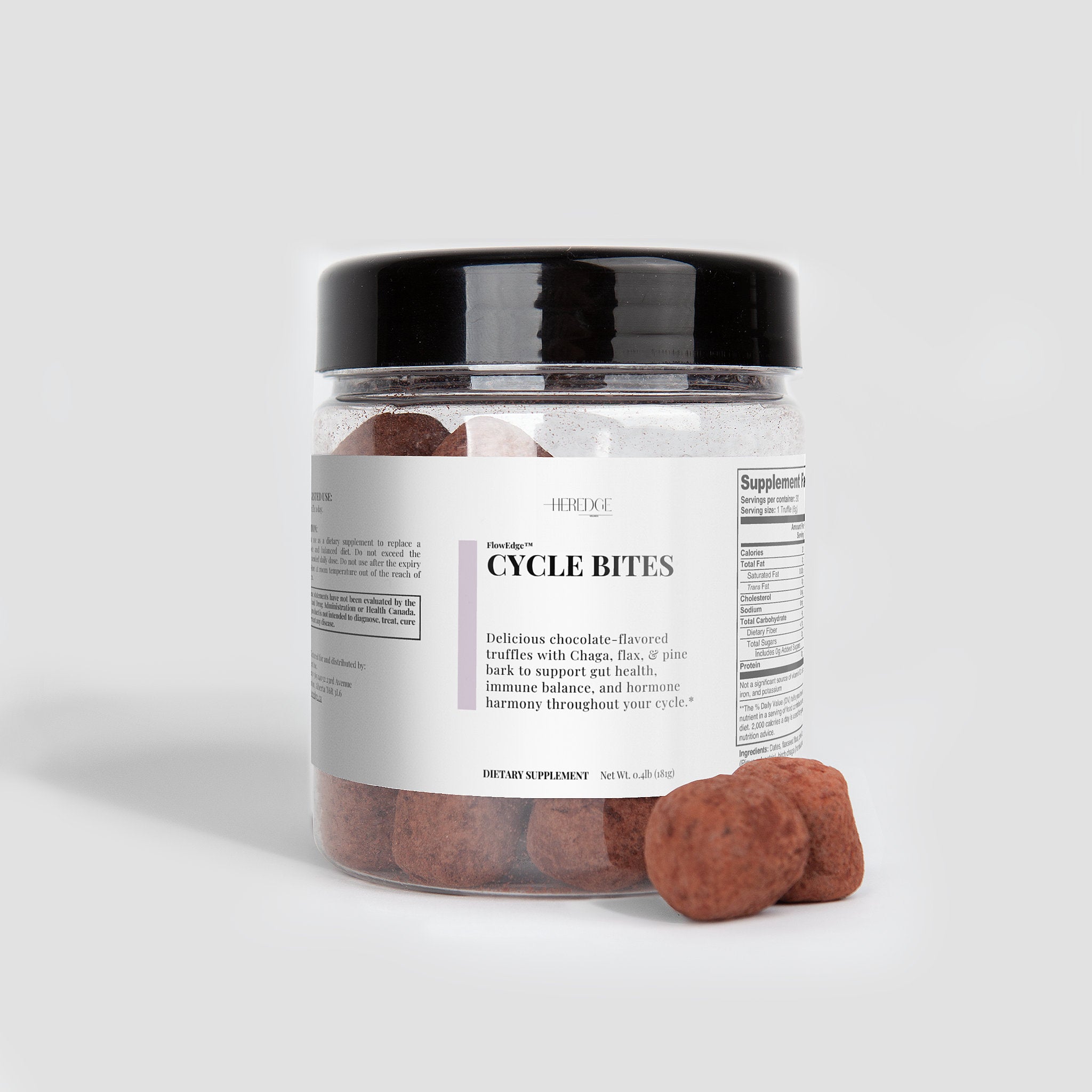 Jar of Cycle Bites dietary supplement with a white label on a light gray background