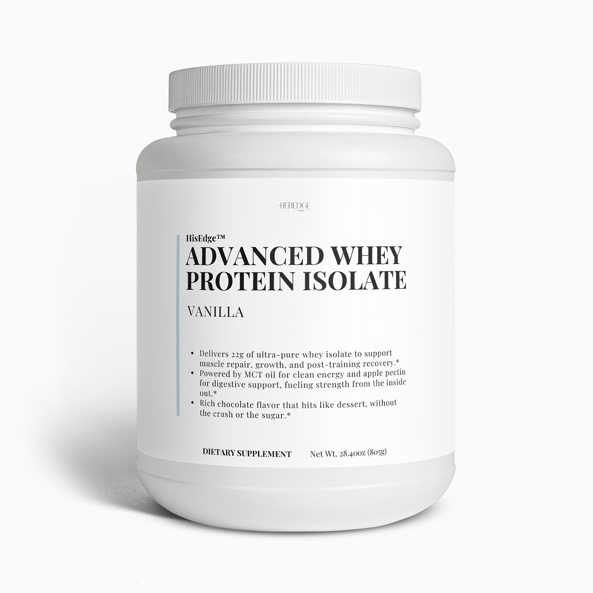Container of HiLife Advanced Whey Protein Isolate on a white background