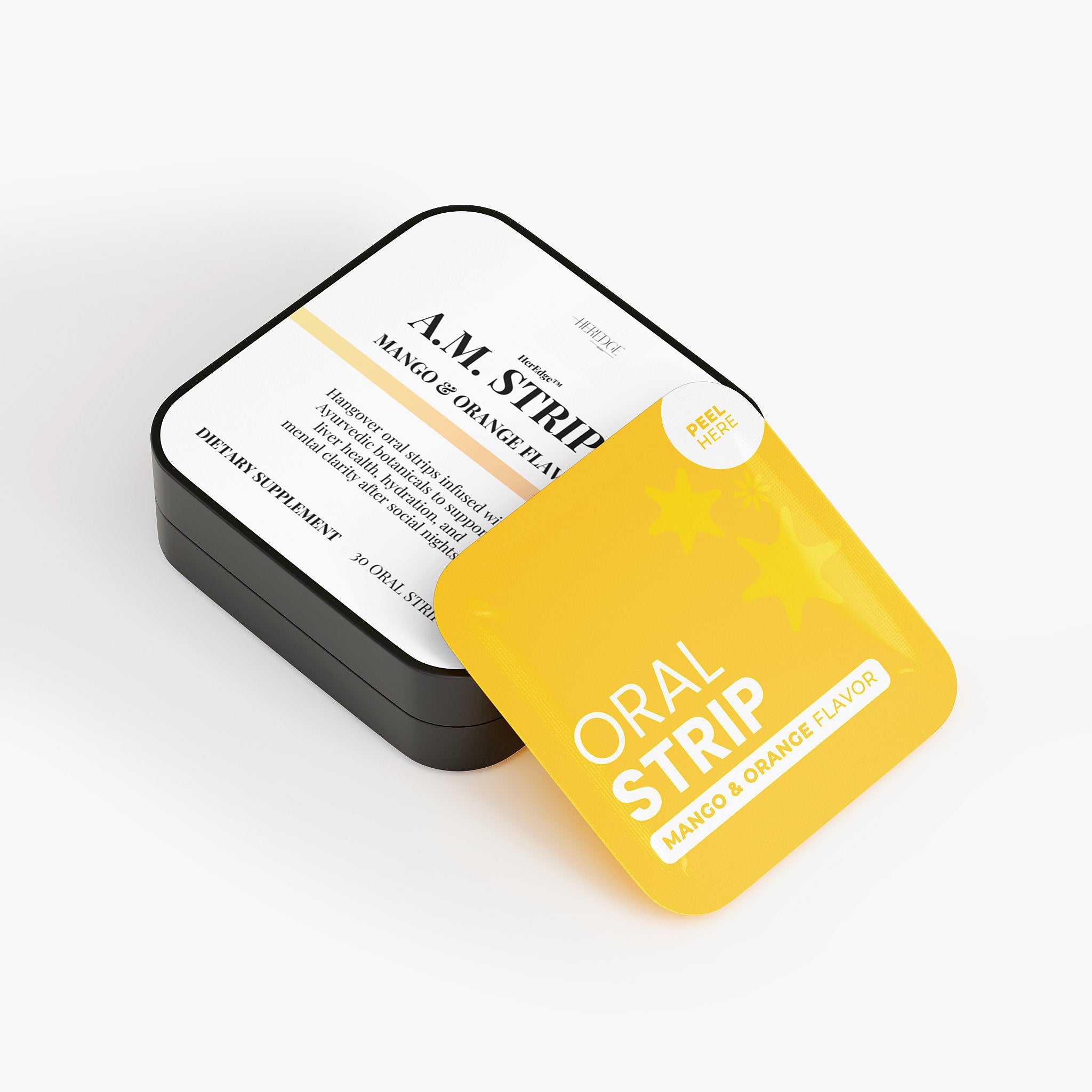 Yellow and black packaging of an oral strip on a white background