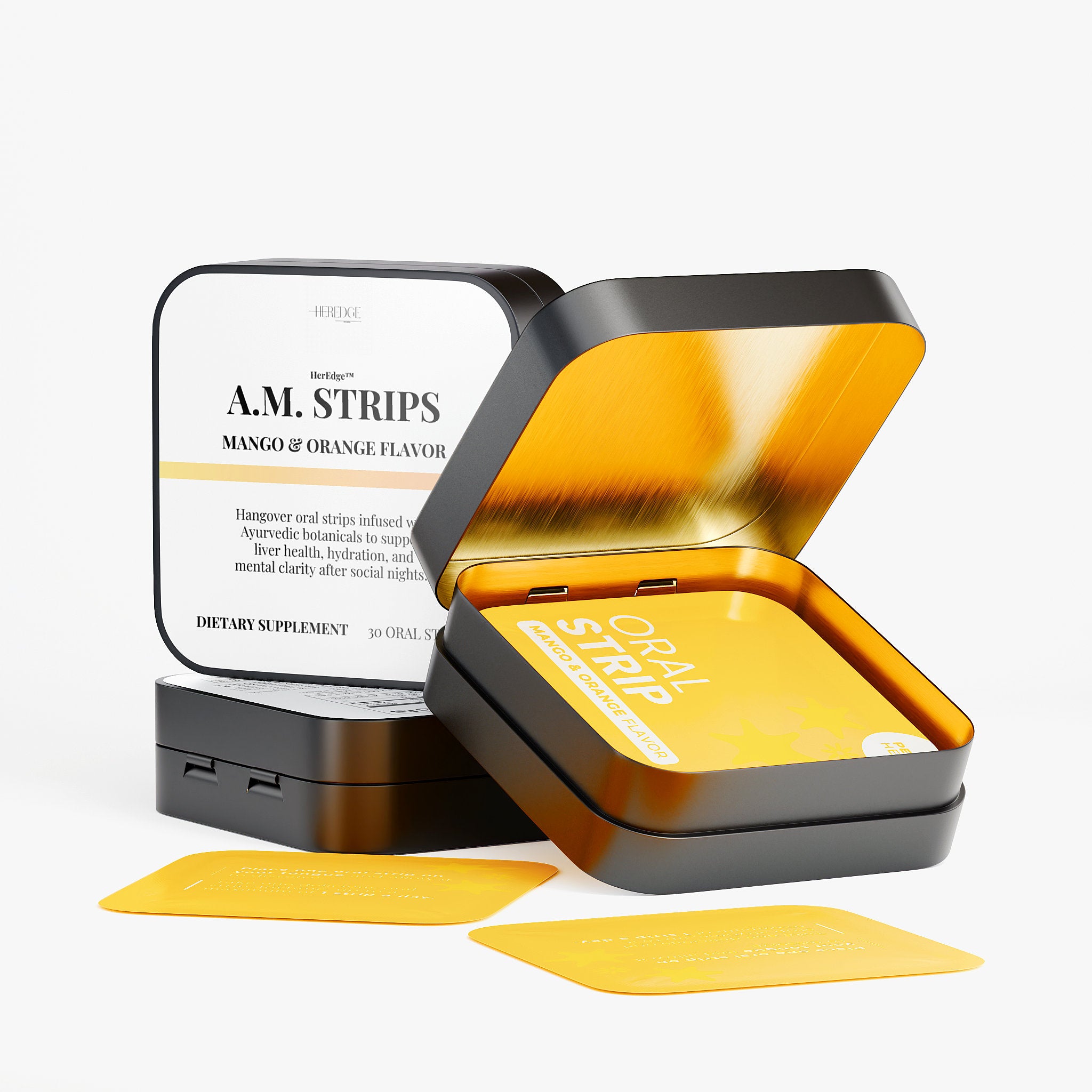 Open container of A.M. Strips with yellow strips on a white background