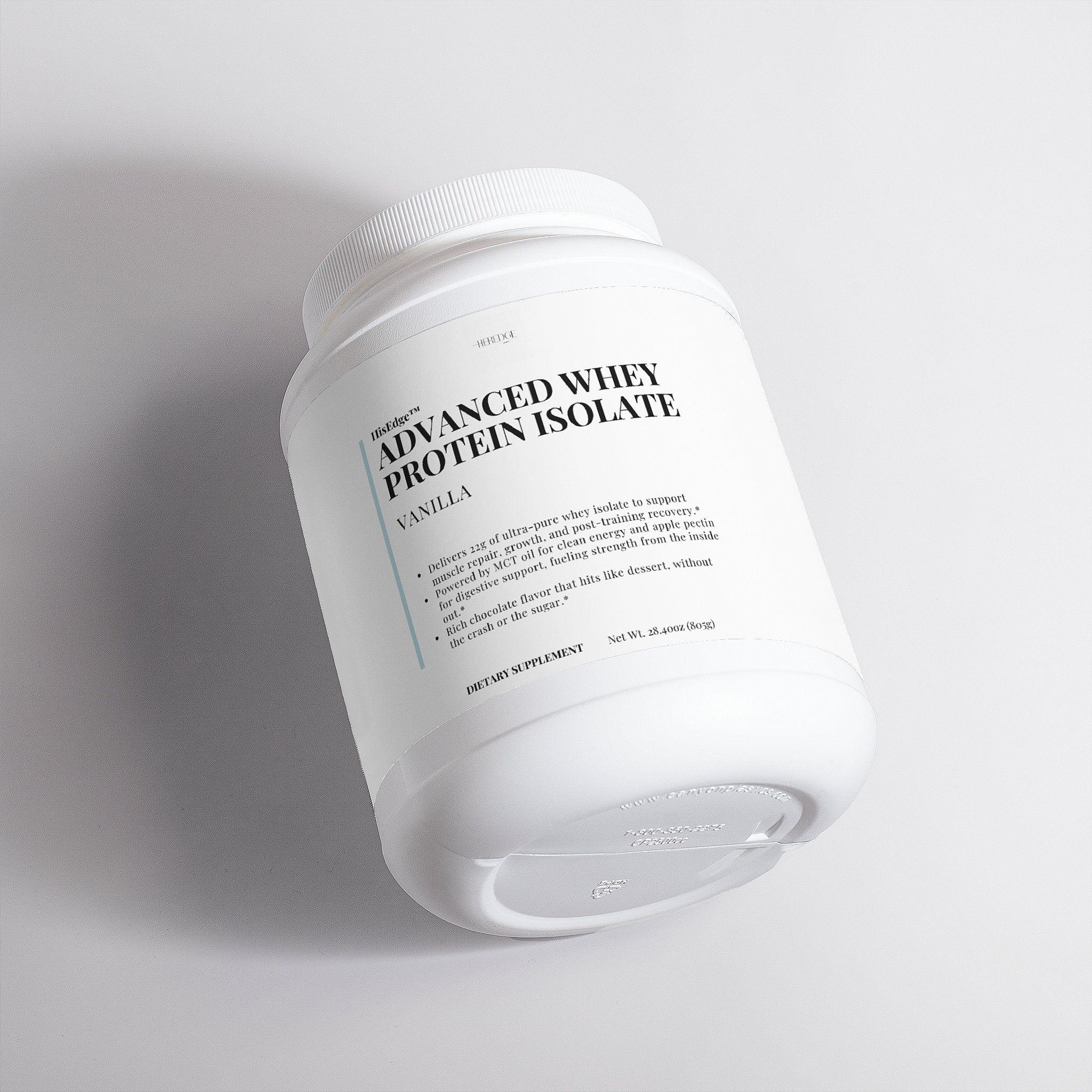 Container of Advanced Whey Protein Isolate on a light gray background