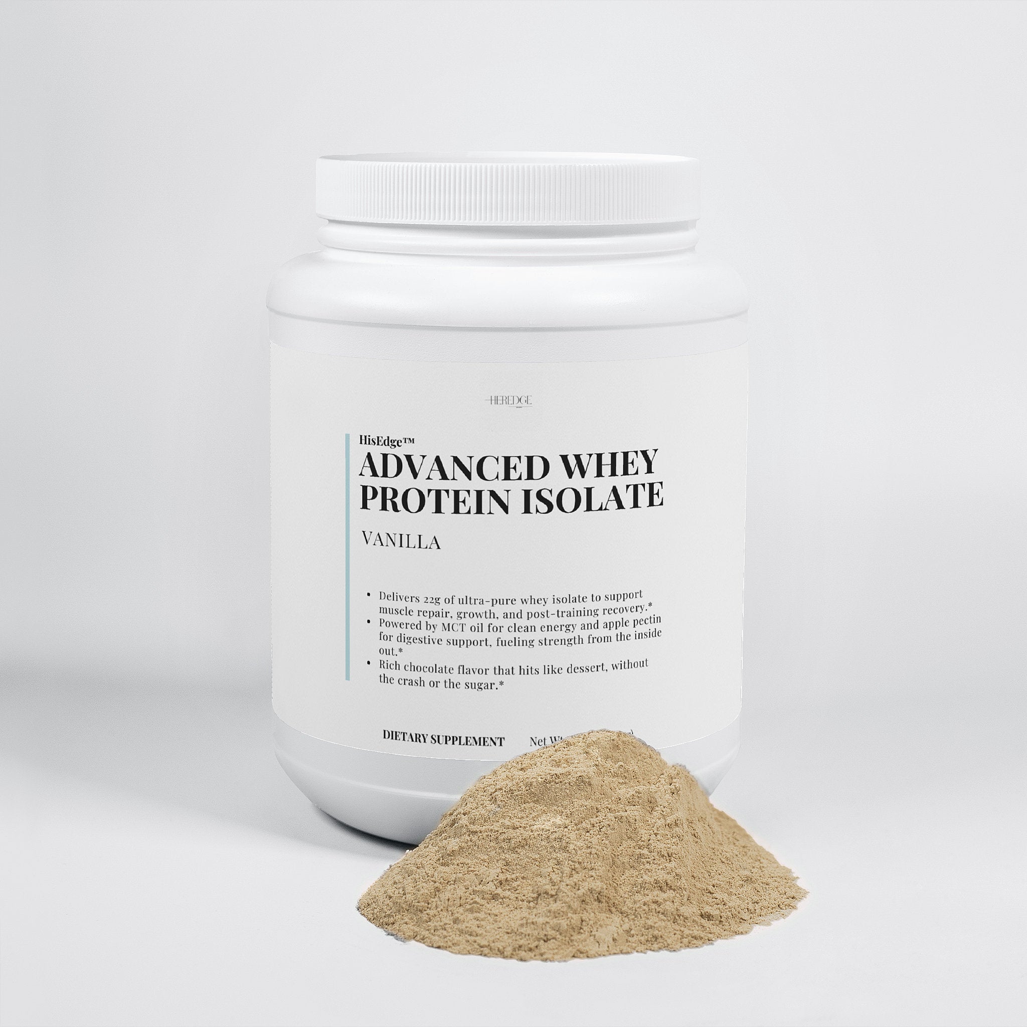 Container of Advanced Whey Protein Isolate with powder spilling out on a white background