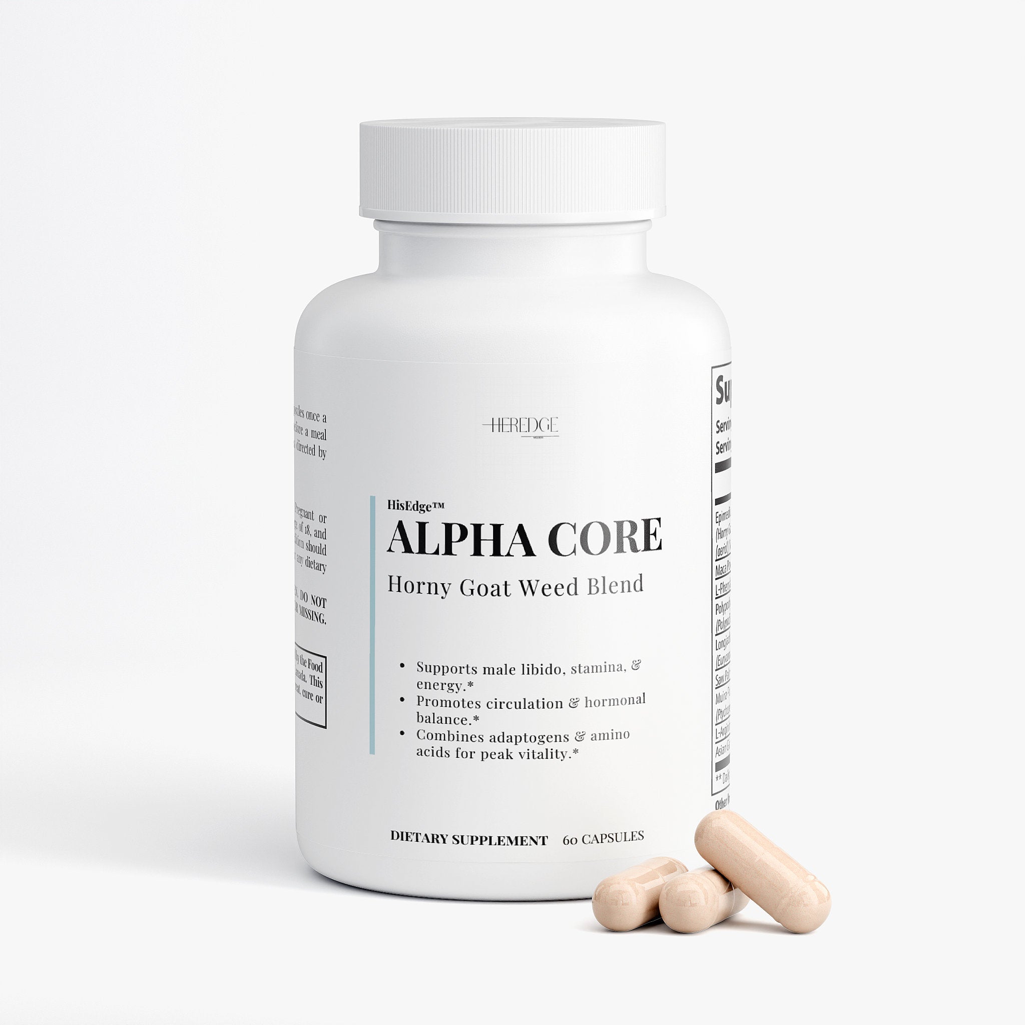 Supplement bottle labeled 'Alpha Core' with capsules on a white background