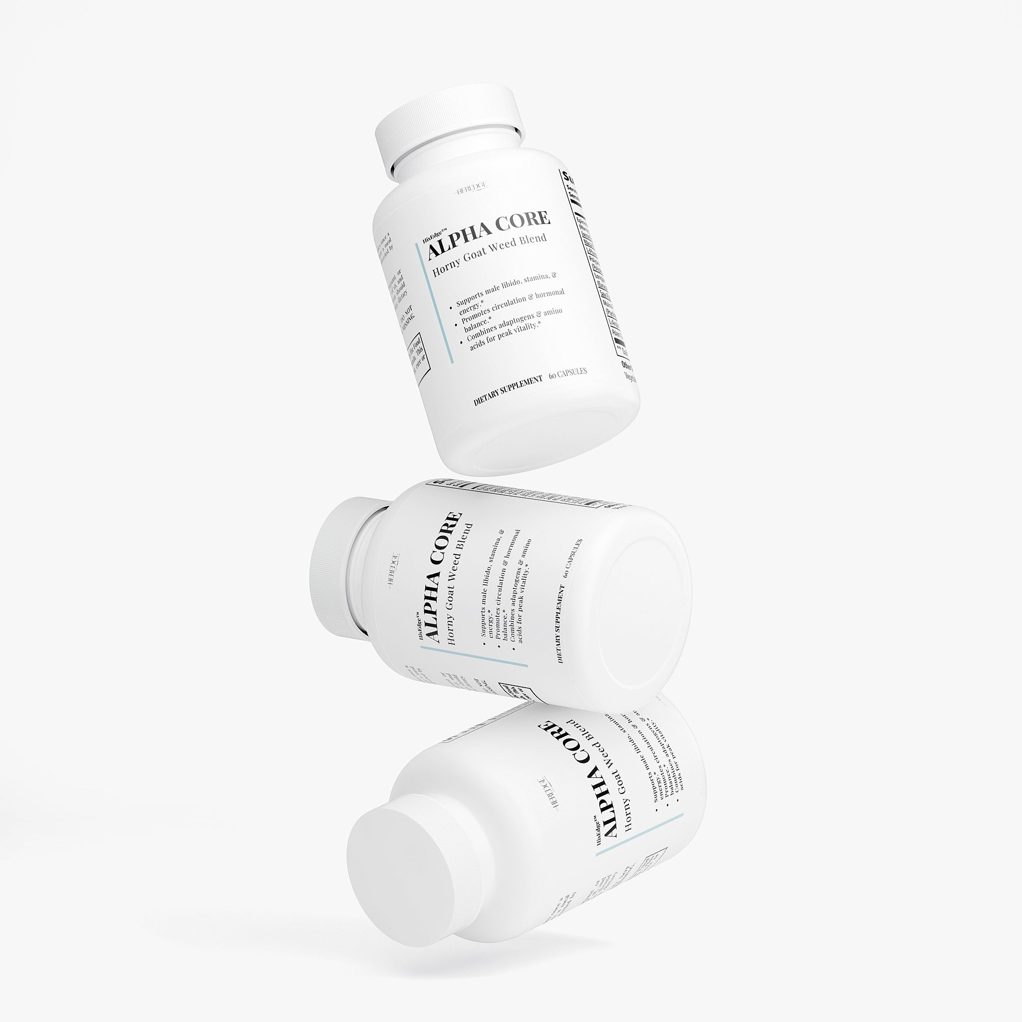 Three Alpha Core supplement bottles on a white background