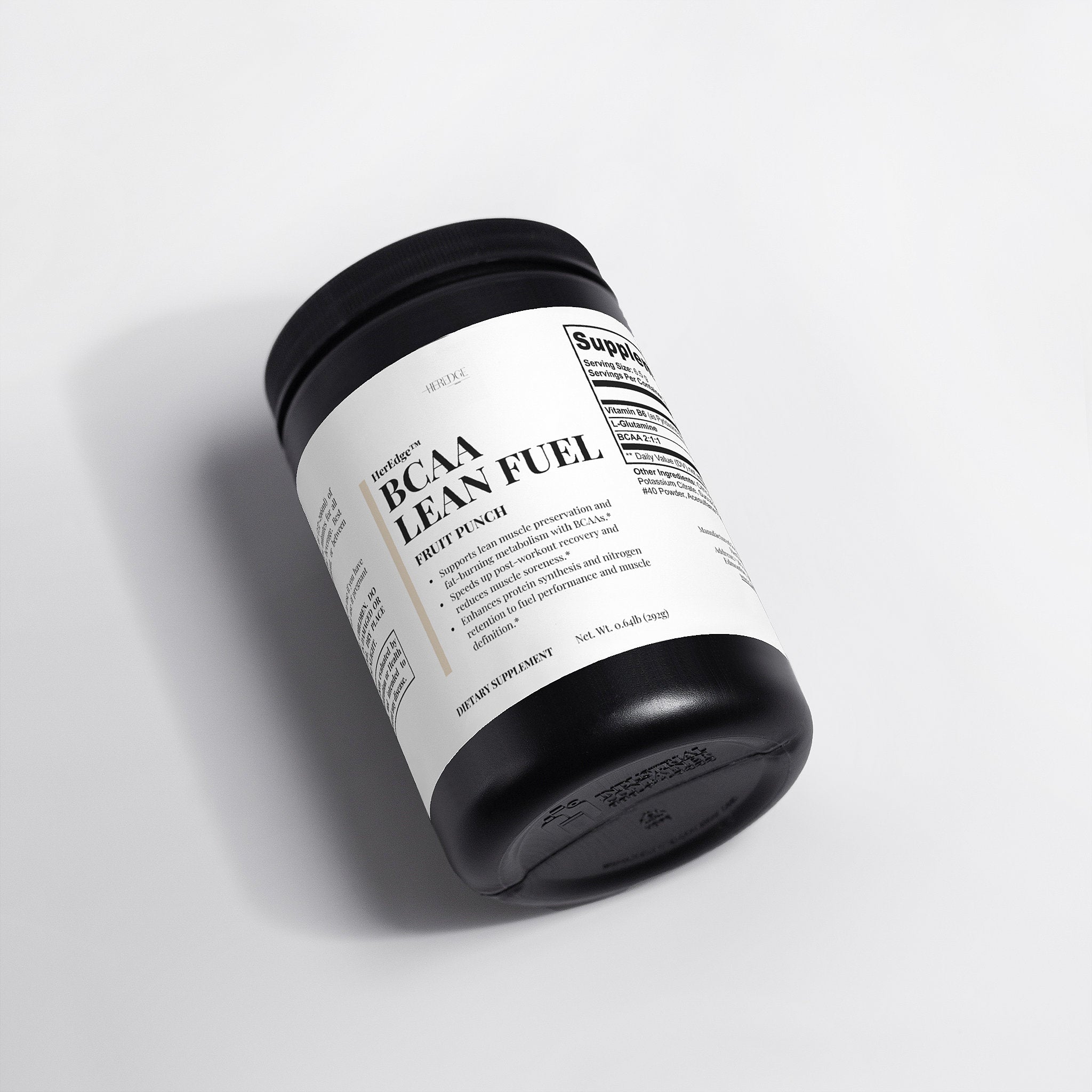 Supplement container labeled 'BCAA Lean Fuel' on a light gray background