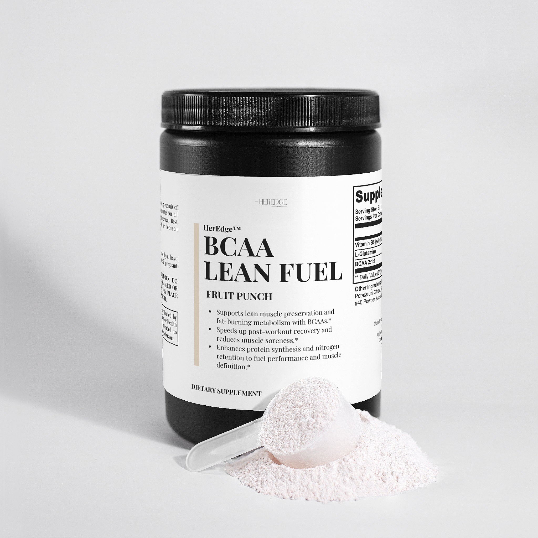 BCAA Lean Fuel supplement container with a scoop of powder on a light gray background