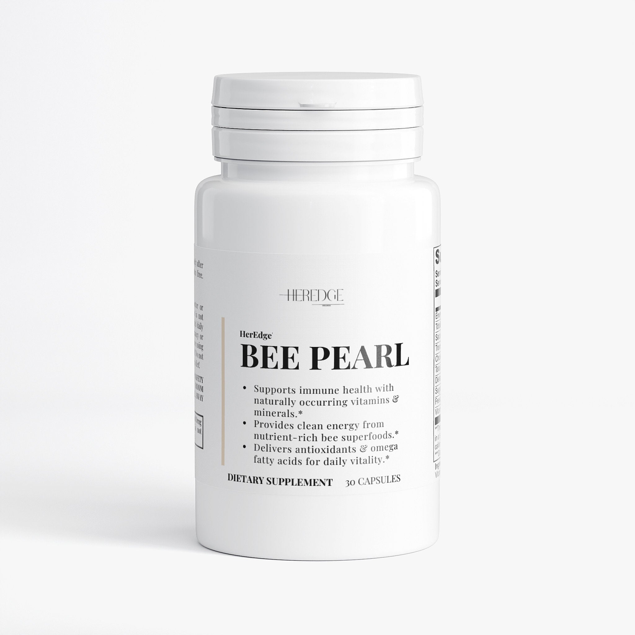 Supplement bottle labeled 'Bee Pearl' on a white background