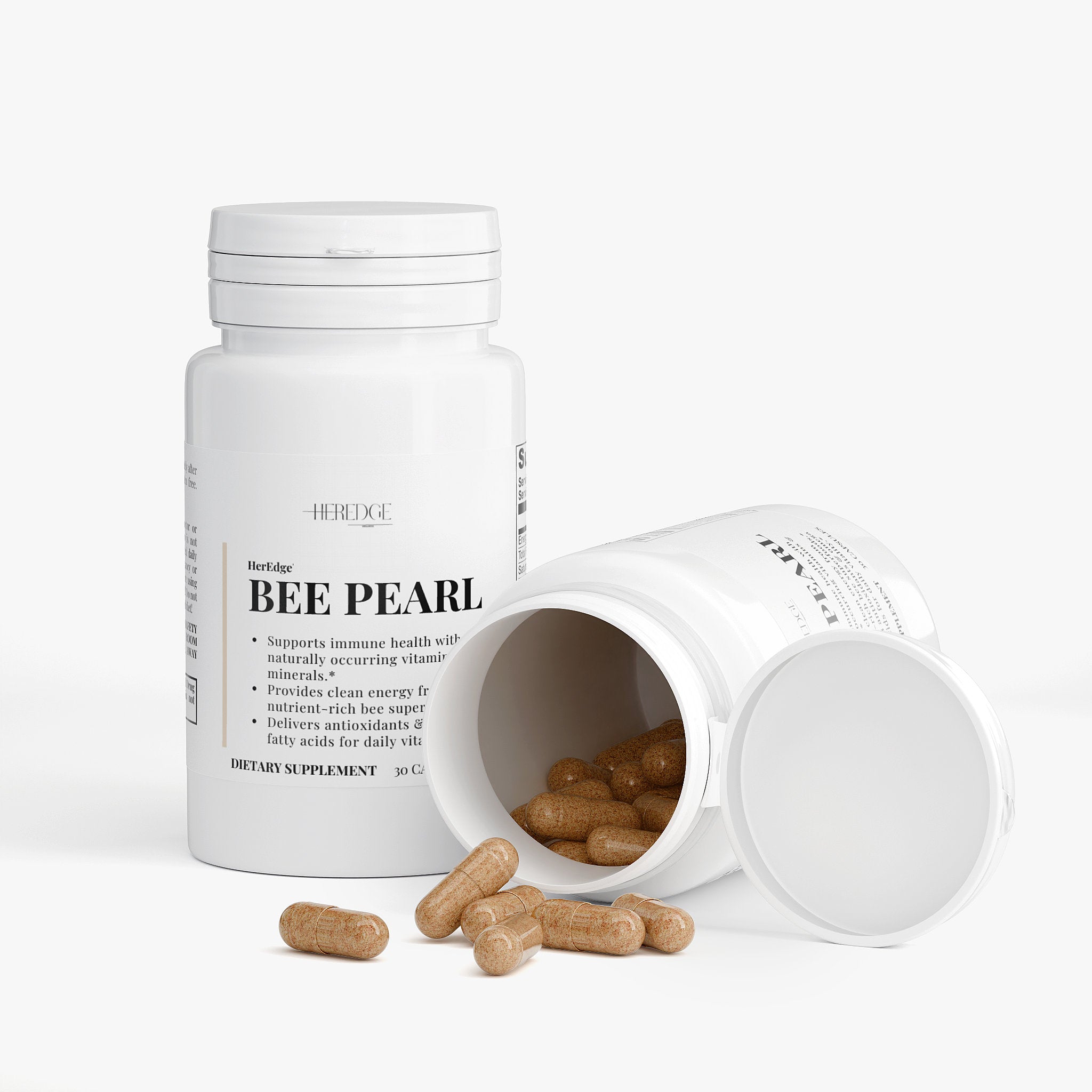 Bee pearl dietary supplement bottle with open cap on a white background