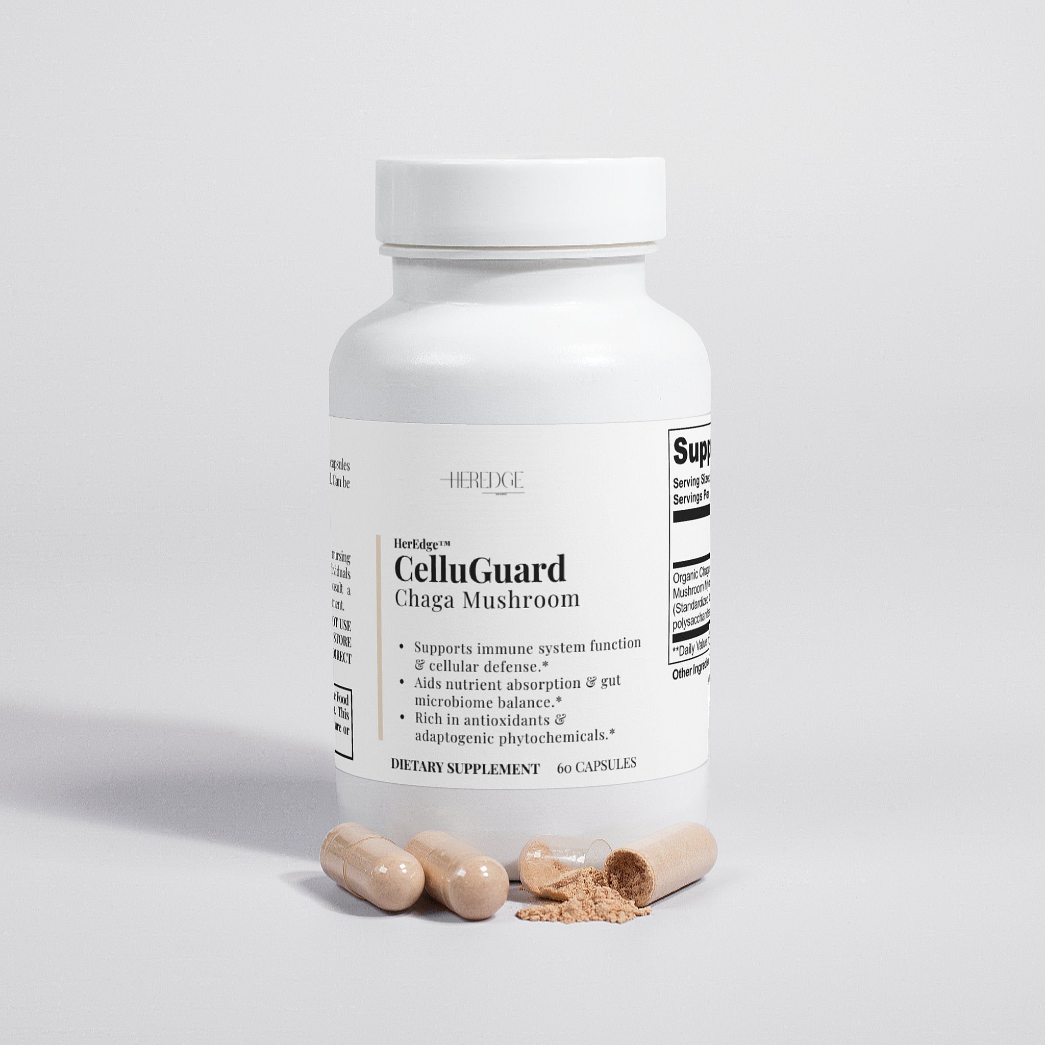 Supplement bottle labeled 'CelluGuard Chaga Mushroom' with capsules on a light gray background