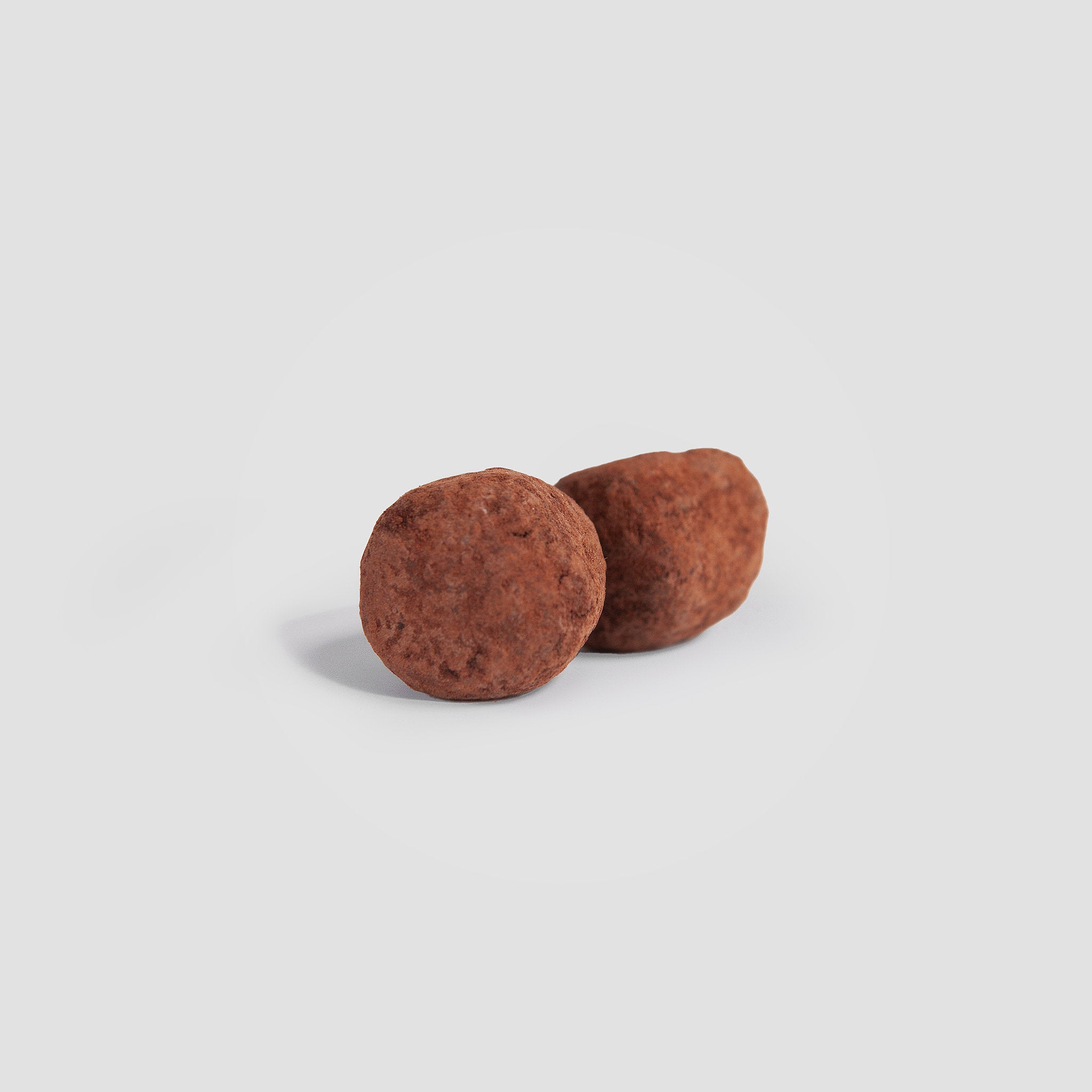 Two brown spherical objects on a light gray background