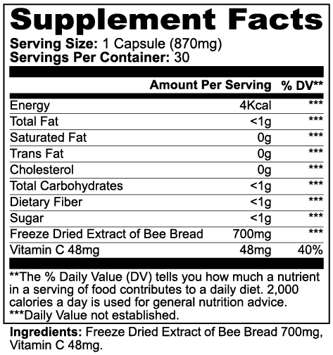 Supplement facts label for a product with freeze-dried extract of bee bread and vitamin C.