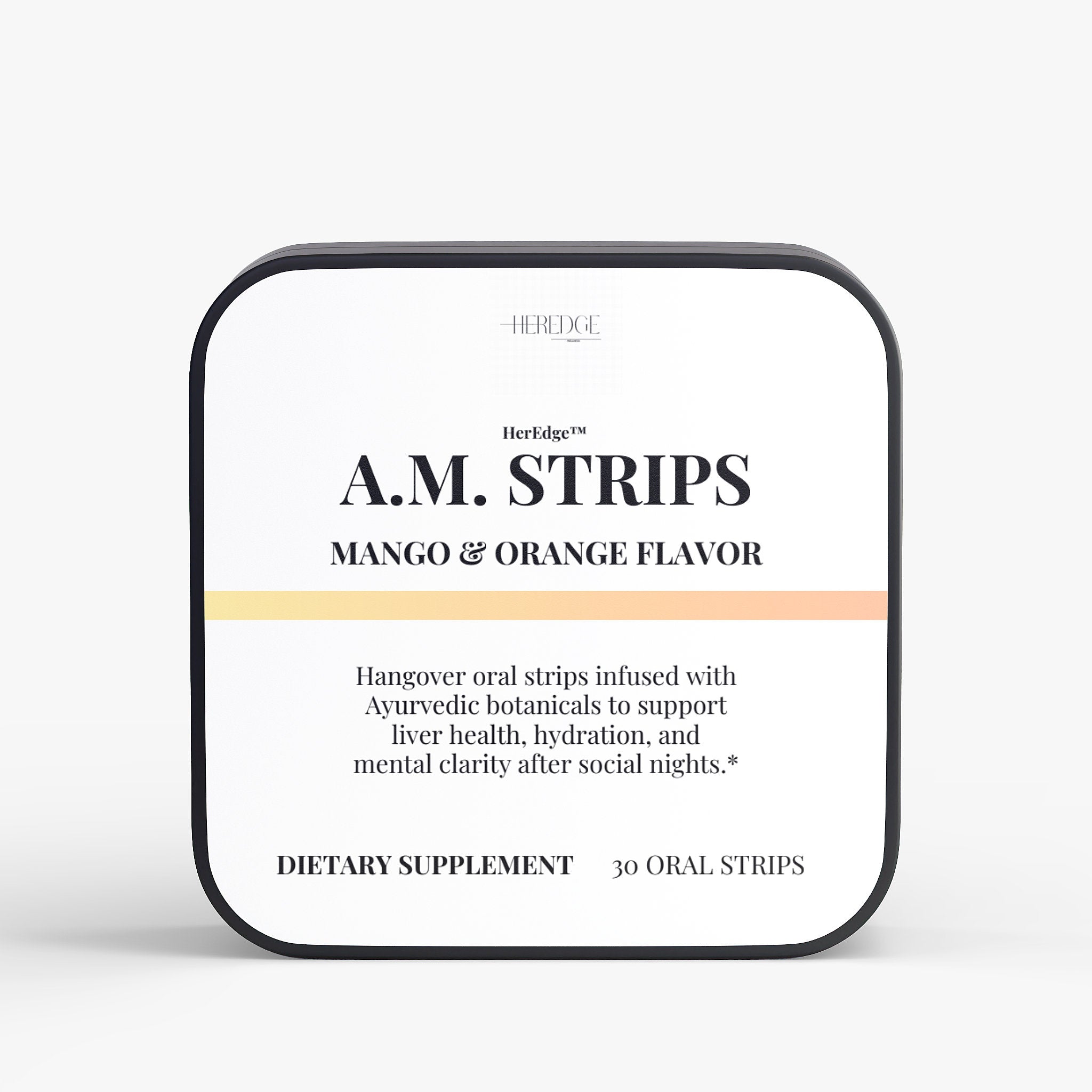 Heritage A.M. Strips packaging for mango and orange flavor dietary supplement on a white background