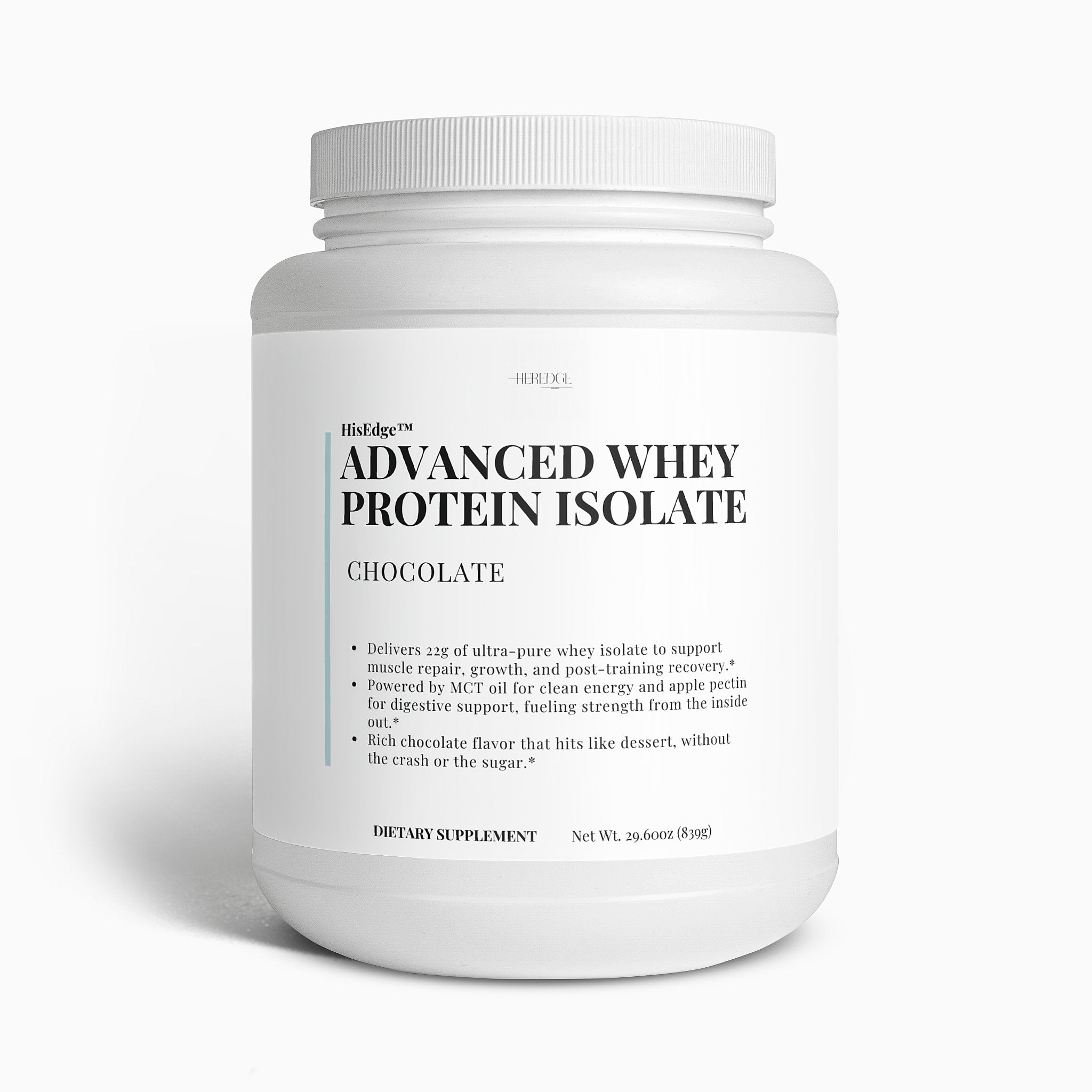 Container of Advanced Whey Protein Isolate with chocolate flavor on a white background