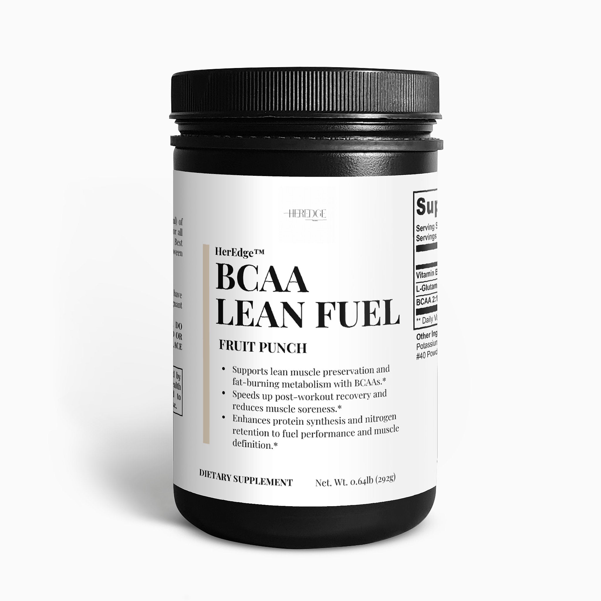 Supplement container labeled 'BCAA Lean Fuel' on a white background