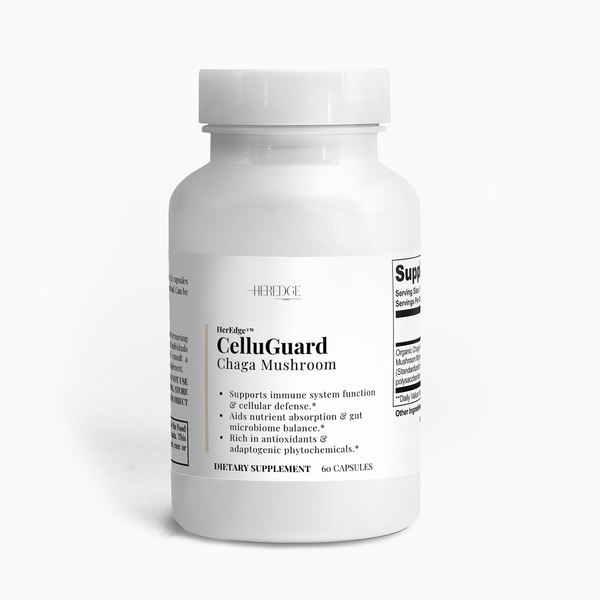 Supplement bottle labeled 'CelluGuard Chaga Mushroom' on a white background