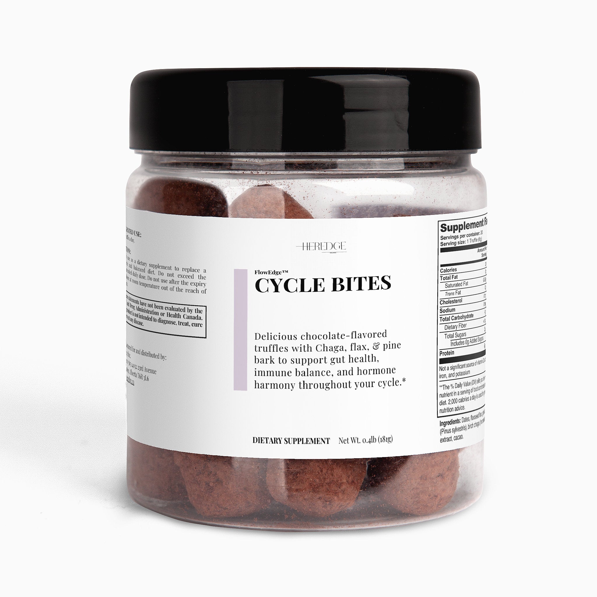 Jar of Cycle Bites dietary supplements with a black lid on a white background